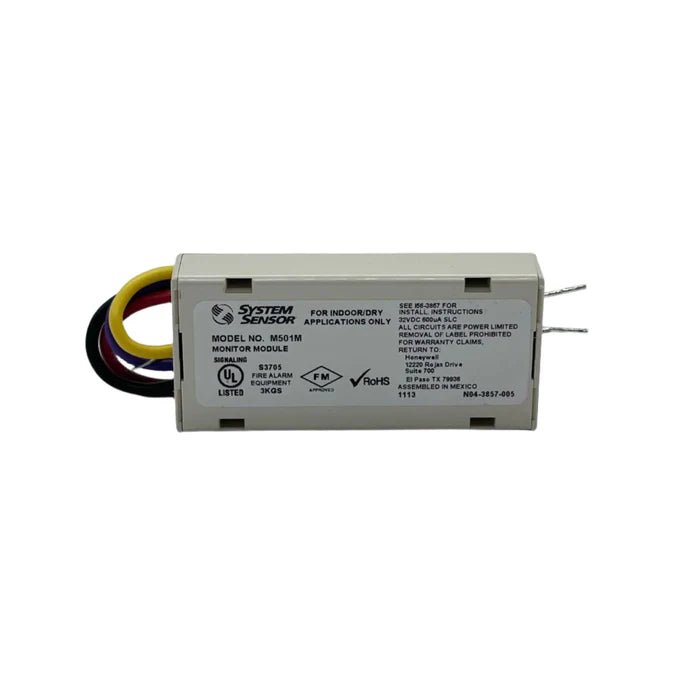 System Sensor M501M fire alarm control module mounted on a panel with wiring and connection points.