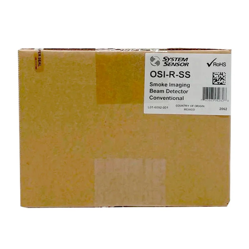 System Sensor OSI-R-SS smoke detector with orange test/reset button and mounting base, designed for fire alarm systems.