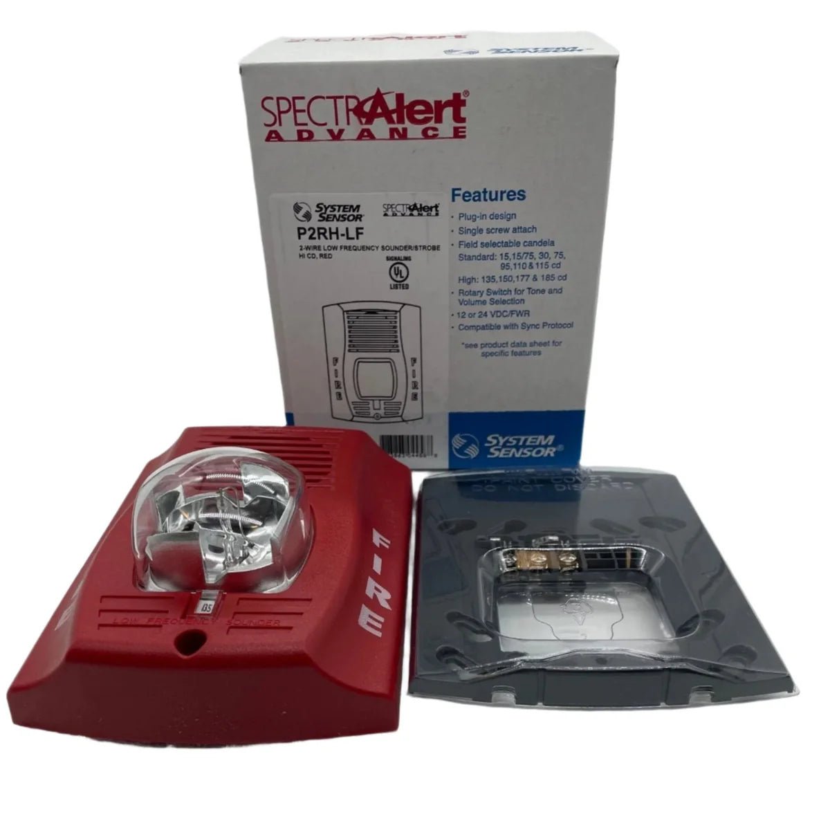 System Sensor P2RH-LF smoke and heat detector mounted on ceiling, black sensor unit for fire safety system.