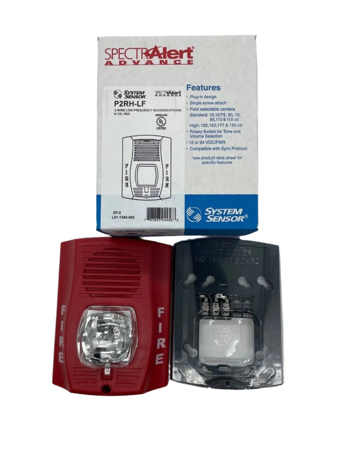 System Sensor P2RH-LF smoke detector with dual sensors mounted on ceiling, designed for fire safety in commercial buildings.