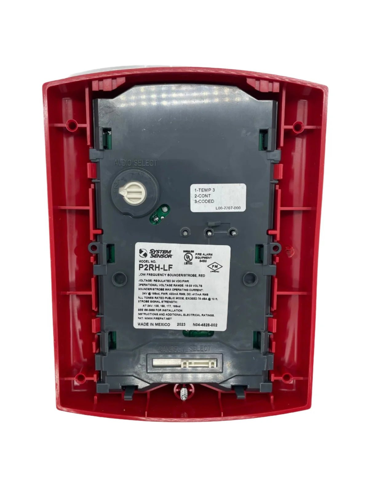 System Sensor P2RH-LF smoke detector with low-profile design, mounted on ceiling, visible in the image.