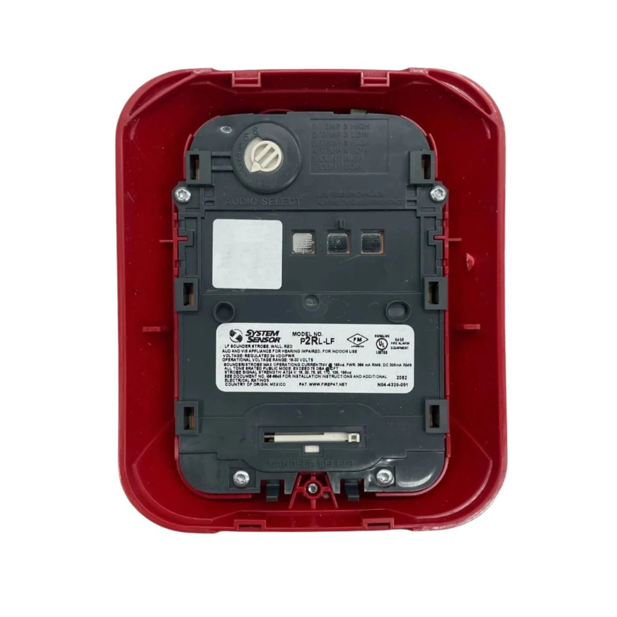 System Sensor P2RL-LF fire alarm sensor mounted on ceiling with wiring visible in a commercial setting