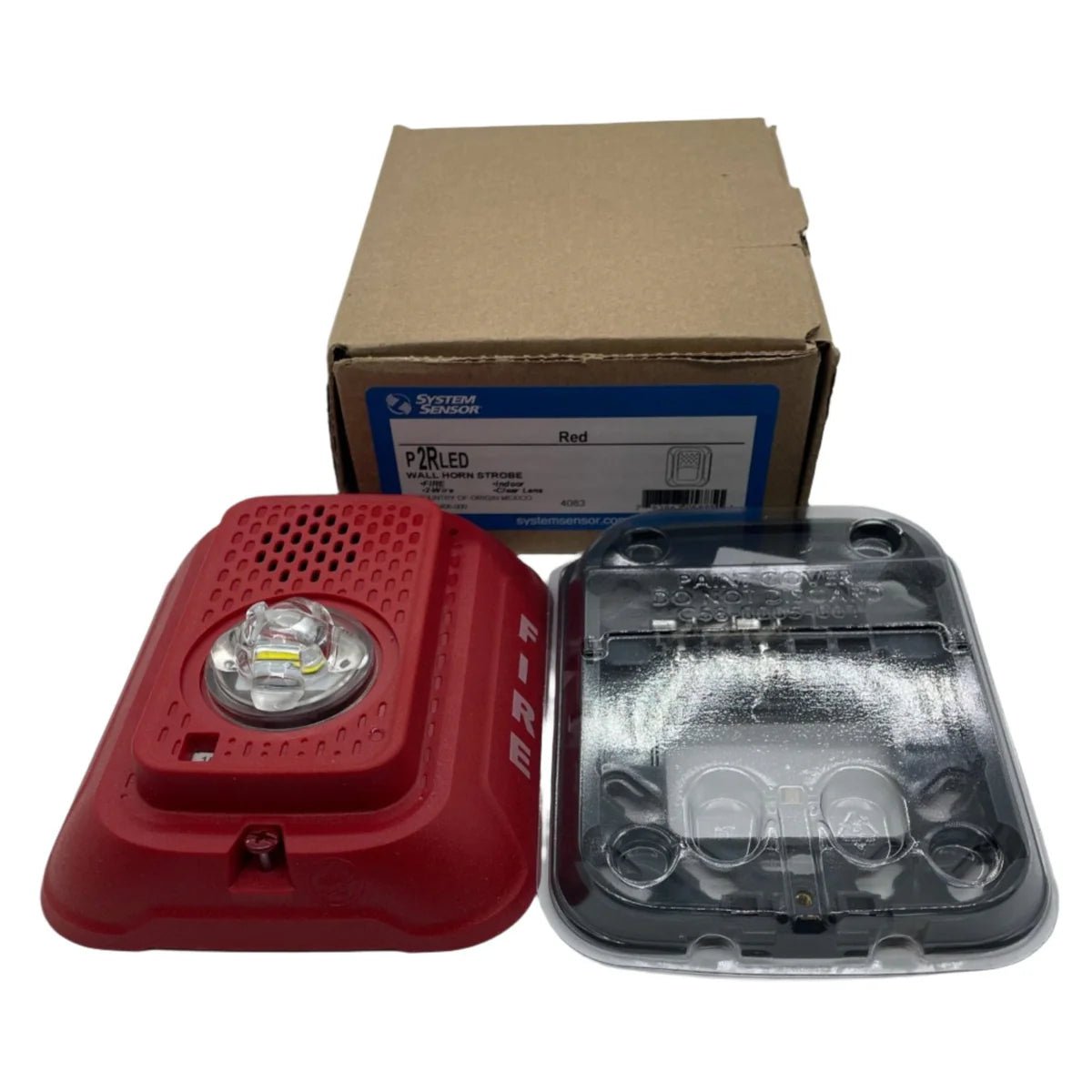 System Sensor P2RLED emergency LED strobe light with red lens, mounted on wall for fire safety signaling.
