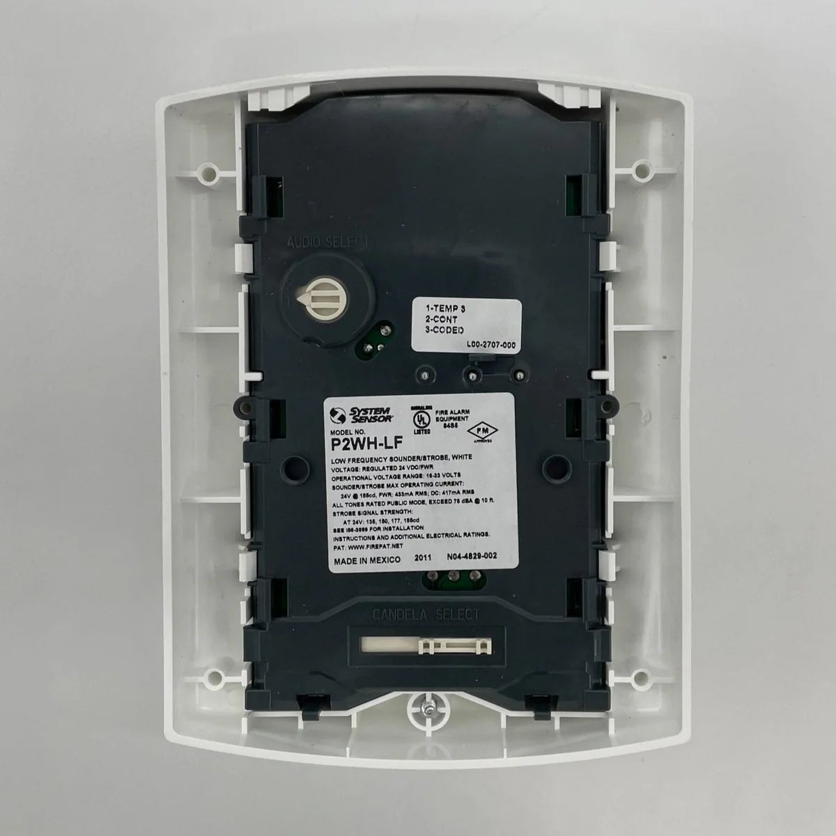 System Sensor P2WH-LF fire alarm detector with white housing, designed for residential and commercial fire safety applications.