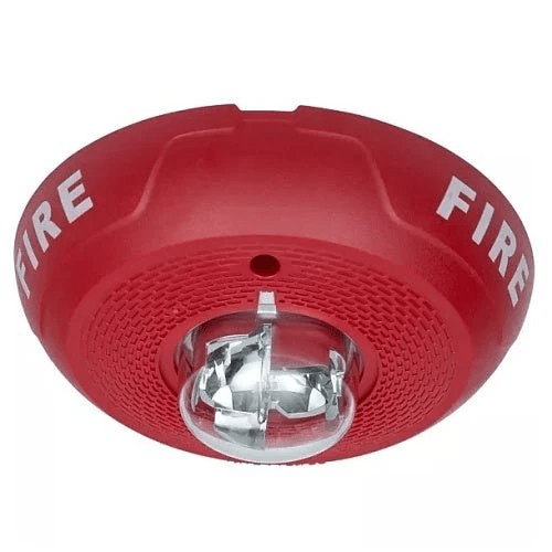 System Sensor PC2RKLED fire alarm strobe light with LED lens, mounted on a ceiling for emergency signaling.