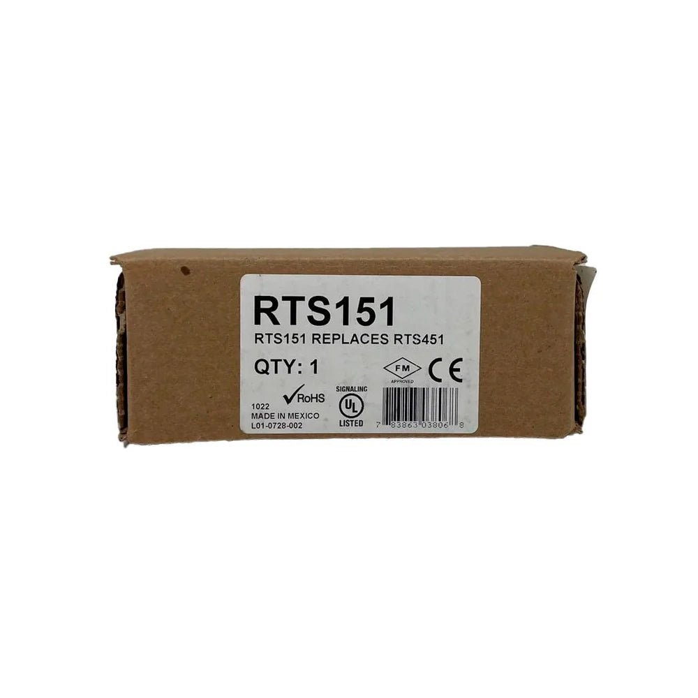 System Sensor RTS151 heat detector with alarm indicator, mounted on ceiling for fire detection in commercial or industrial settings.