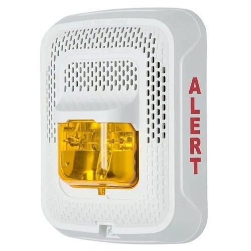 System Sensor SPSWLED-ALERT alarm with LED indicator, mounted on wall, showcasing alert status and sleek design.