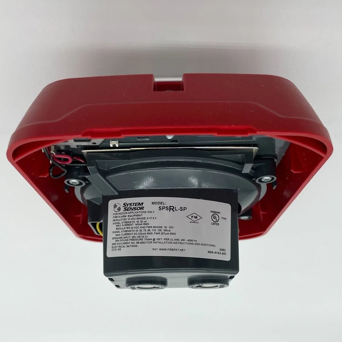 System Sensor SPSRL-SP fire alarm sensor with red casing and mounting bracket, designed for industrial fire detection systems.