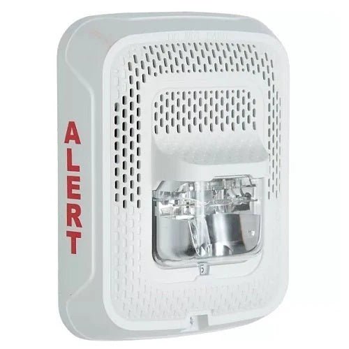 System Sensor SPSWLED-ALERT alarm with LED indicator, mounted on wall, showcasing alert status and sleek design.