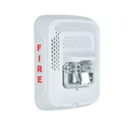 System Sensor SPSWLED LED emergency light with white housing and mounting bracket, designed for fire alarm systems.