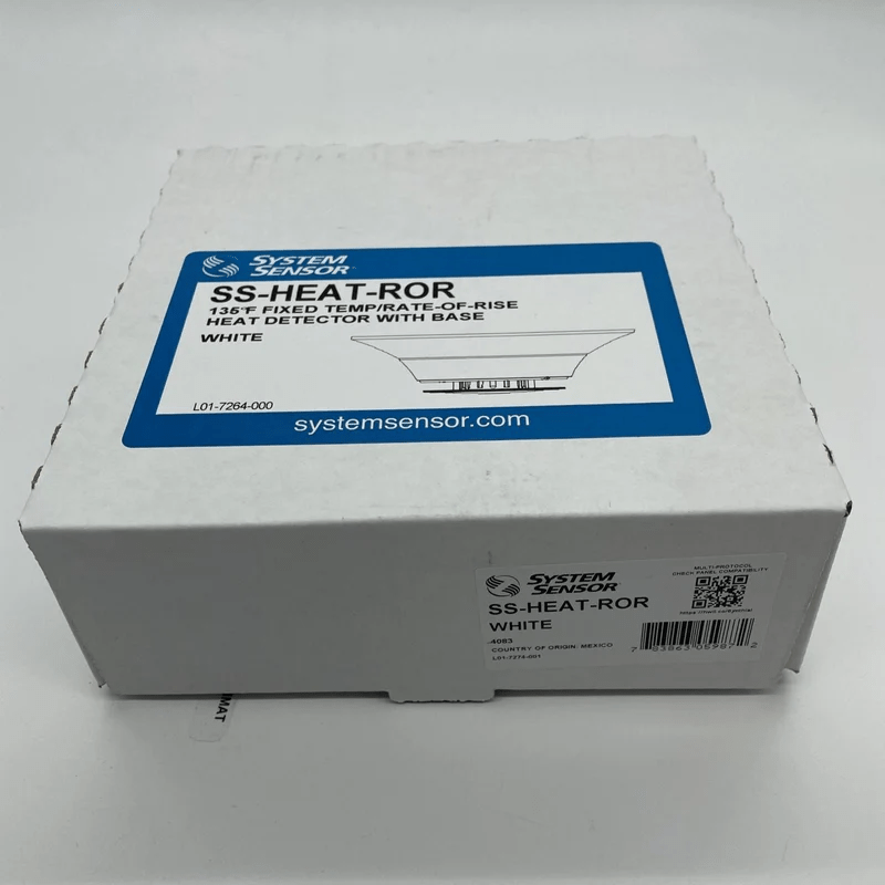 System Sensor SS-HEAT-ROR heat detector with relay output, mounted on a ceiling for fire safety monitoring.