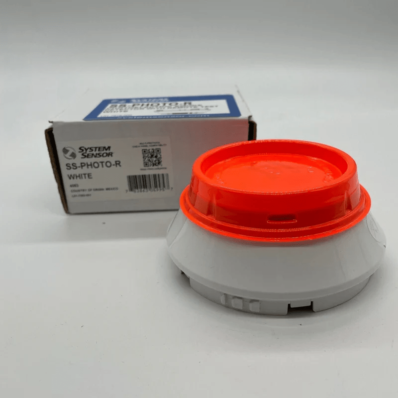System Sensor SS-PHOTO-R photoelectric smoke detector showing sensor and mounting bracket.