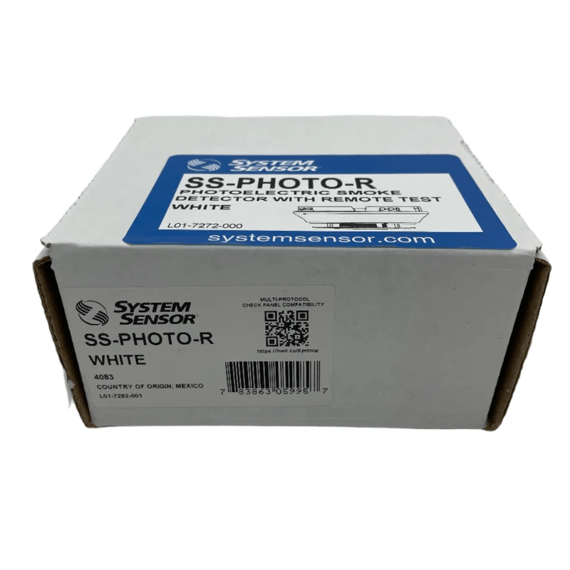 System Sensor SS-PHOTO-R photoelectric smoke detector with mounting bracket and wiring for fire safety systems.