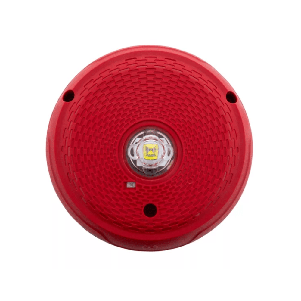 System Sensor SCRKLED fire alarm with LED indicator, mounted on wall, showing its sleek design and alert light for fire safety.