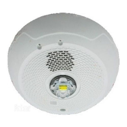 System Sensor SPSCWLED-P LED strobe and speaker combination device installed on ceiling with wiring visible.
