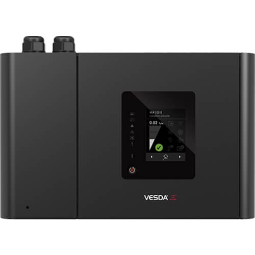 Vesda VEP-A00-1P-UL smoke detection device by VESDA, shown with front view and connection ports on a white background.