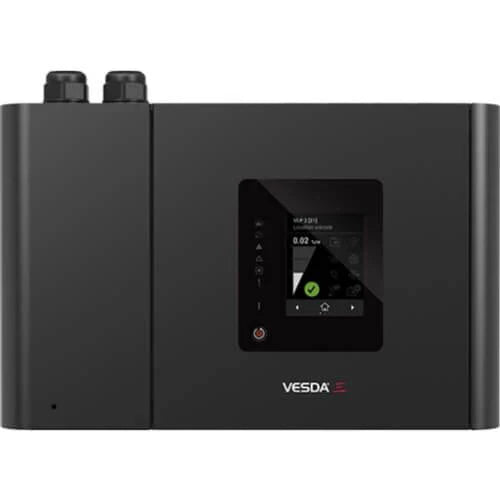VESDA VEP-A00-1P smoke detector mounted on ceiling, VESDA brand, designed for fire detection and smoke sensing in buildings.