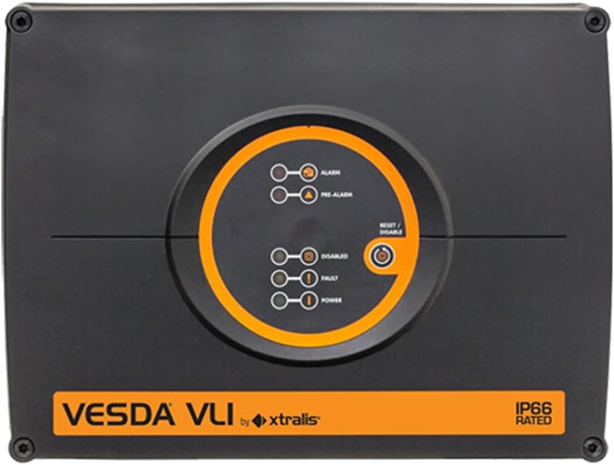 Vesda VLI-880 smoke and fire alarm system by VESDA with control panel and sensor modules in a modern installation