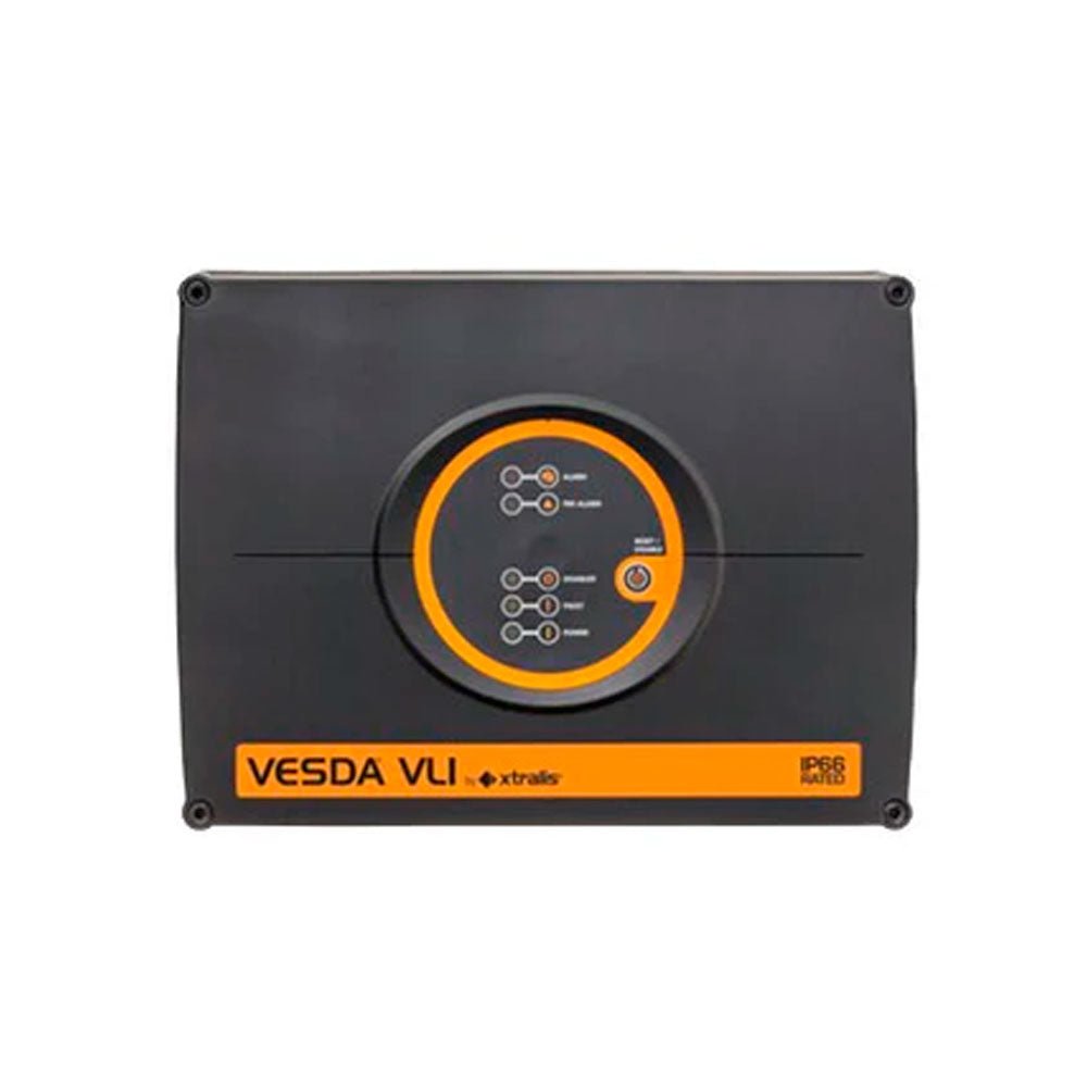 Vesda VLI-885 smoke and fire detection system by VESDA, shown in a close-up image with electronic components and wiring.