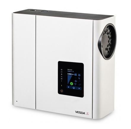 VESDA VEA-040-A10 aspirating smoke detector mounted on ceiling with detection tubing, designed for early fire detection.