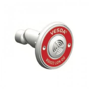 Vesda VSP-981-W smoke detector with white casing, mounted on ceiling, designed for early fire detection by VESDA.