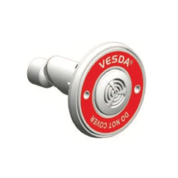 Vesda VSP-981-W22 smoke detector by VESDA, mounted on ceiling with wiring visible, designed for fire detection systems.