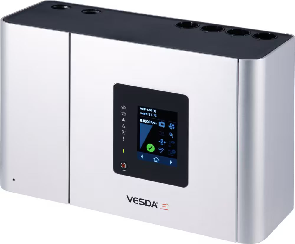 Vesda VEU-A10 fire alarm sensor by VESDA, shown mounted on ceiling with electronic components and detection ports.