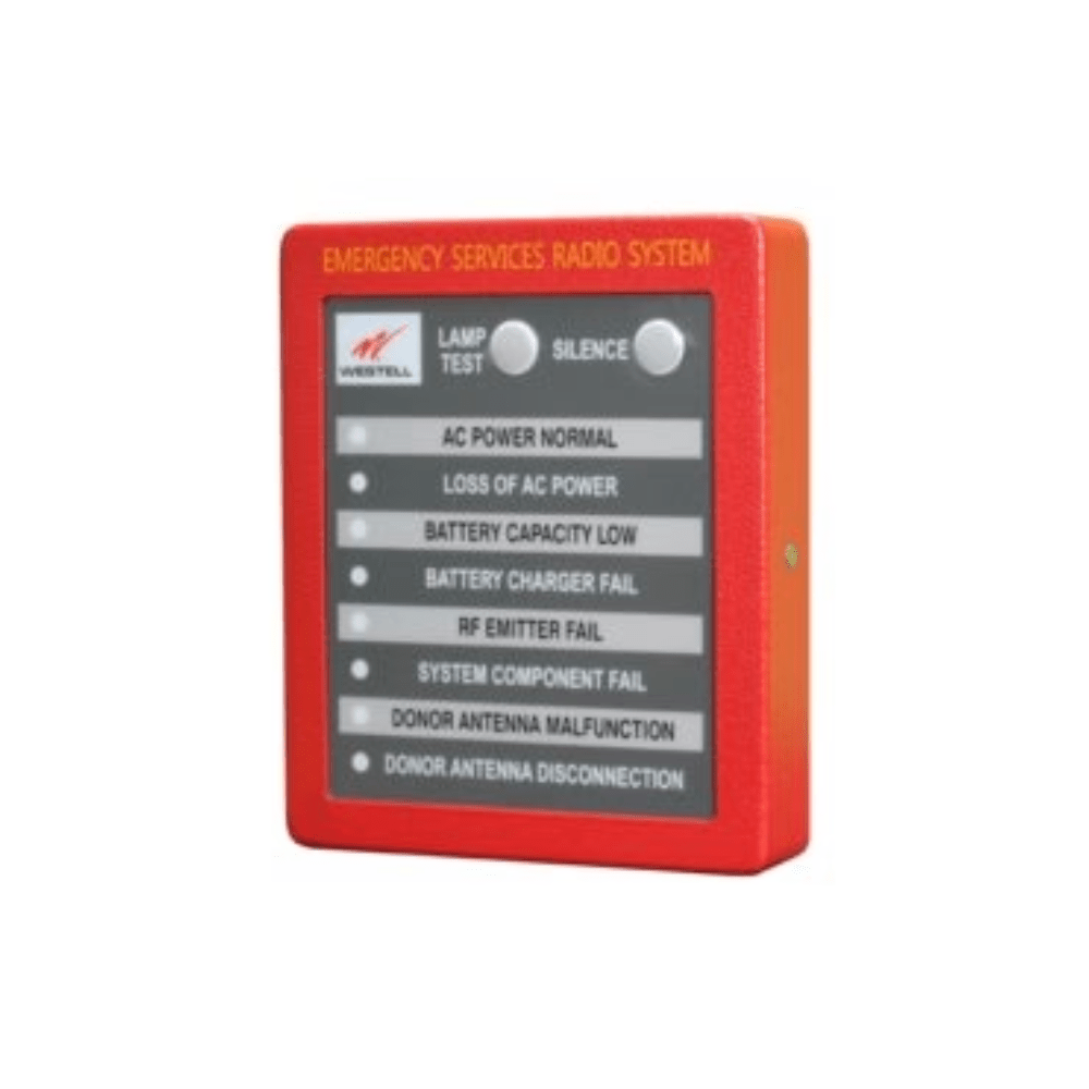 Westell CS40-ANNUNC alarm annunciator panel with multiple indicator lights, mounted on a wall for emergency alert signaling.