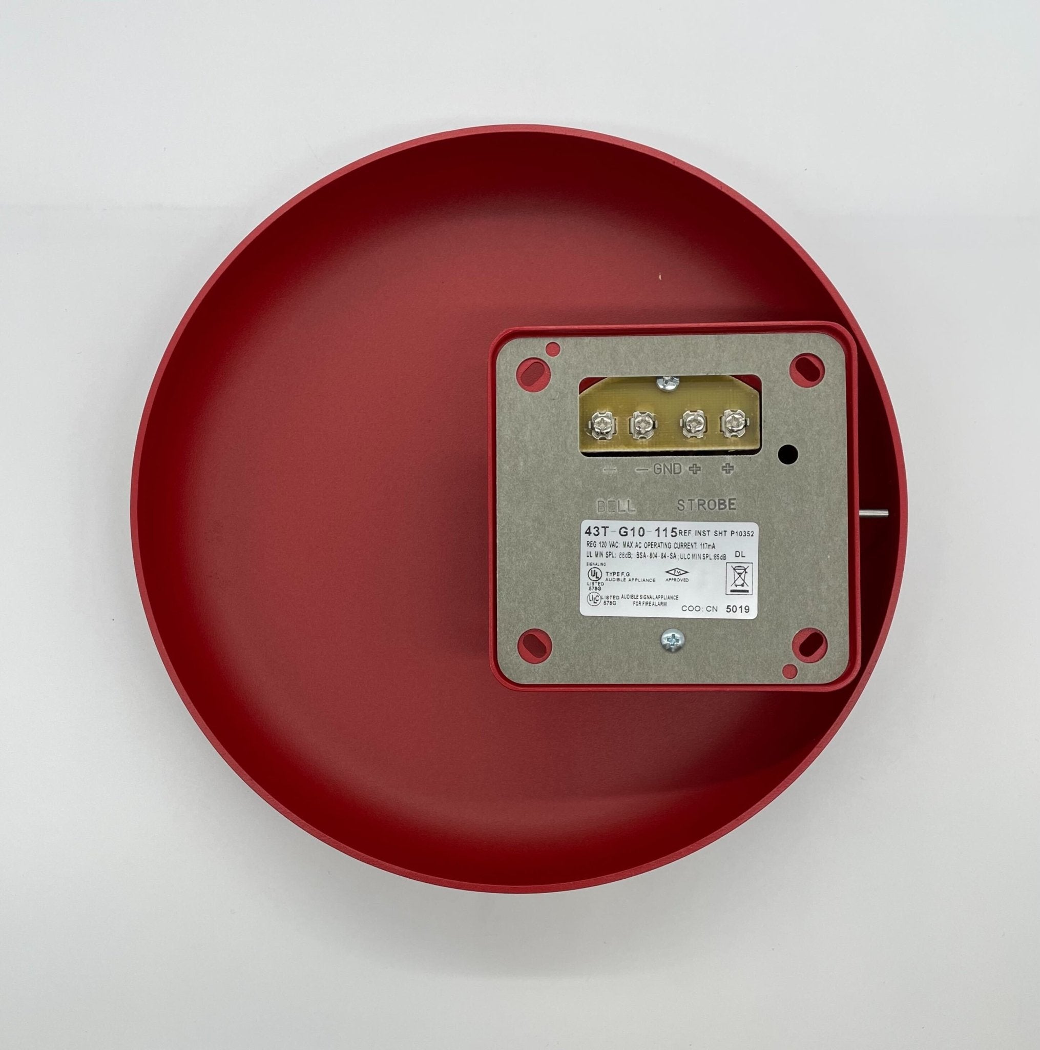 Eaton Wheelock 43T-G10-115-R bell, metal construction with mounting bracket, designed for industrial or commercial signaling.