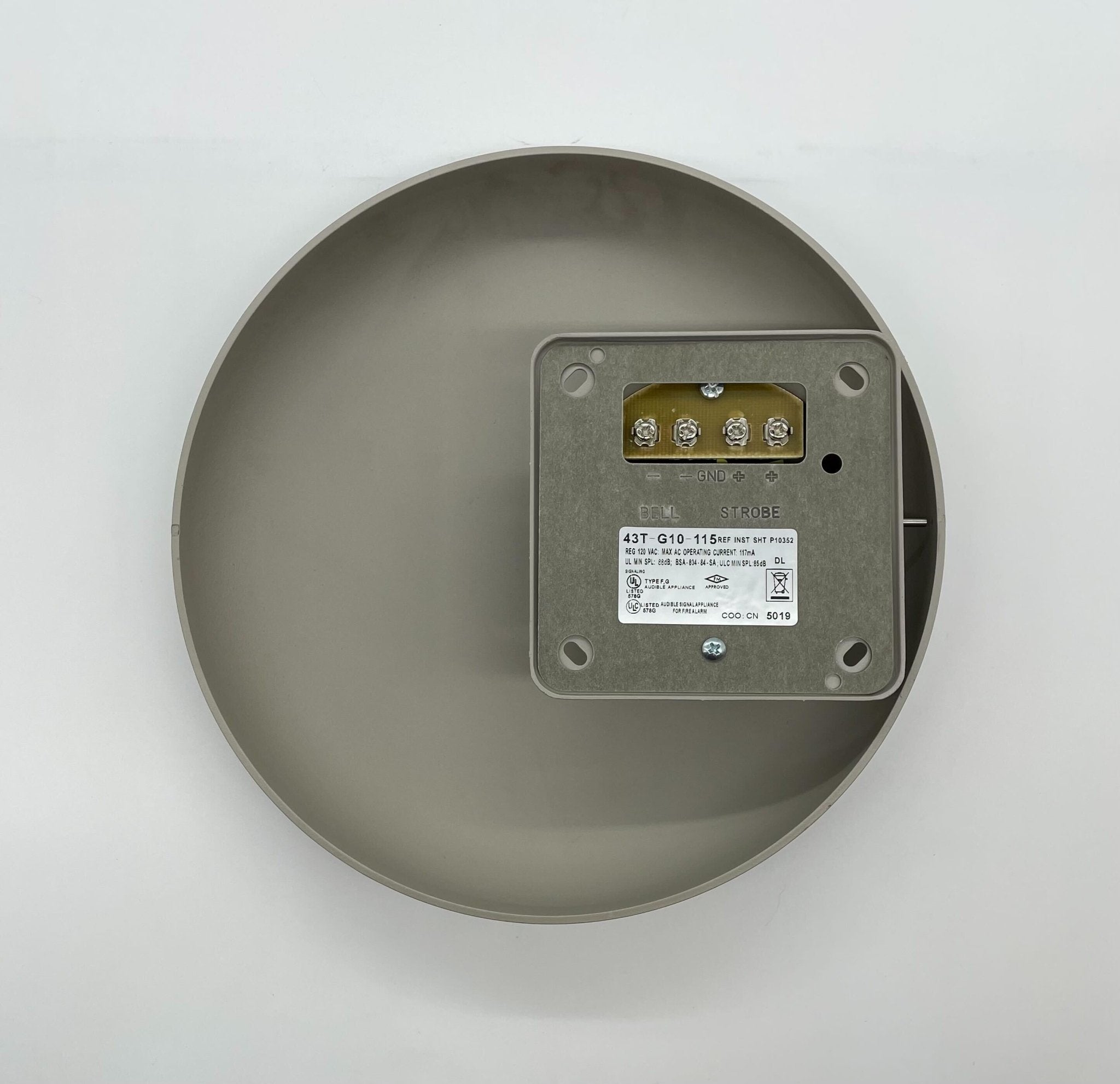 Eaton Wheelock 43T-G10-115-S bell with metal casing and mounting bracket, designed for industrial signaling applications