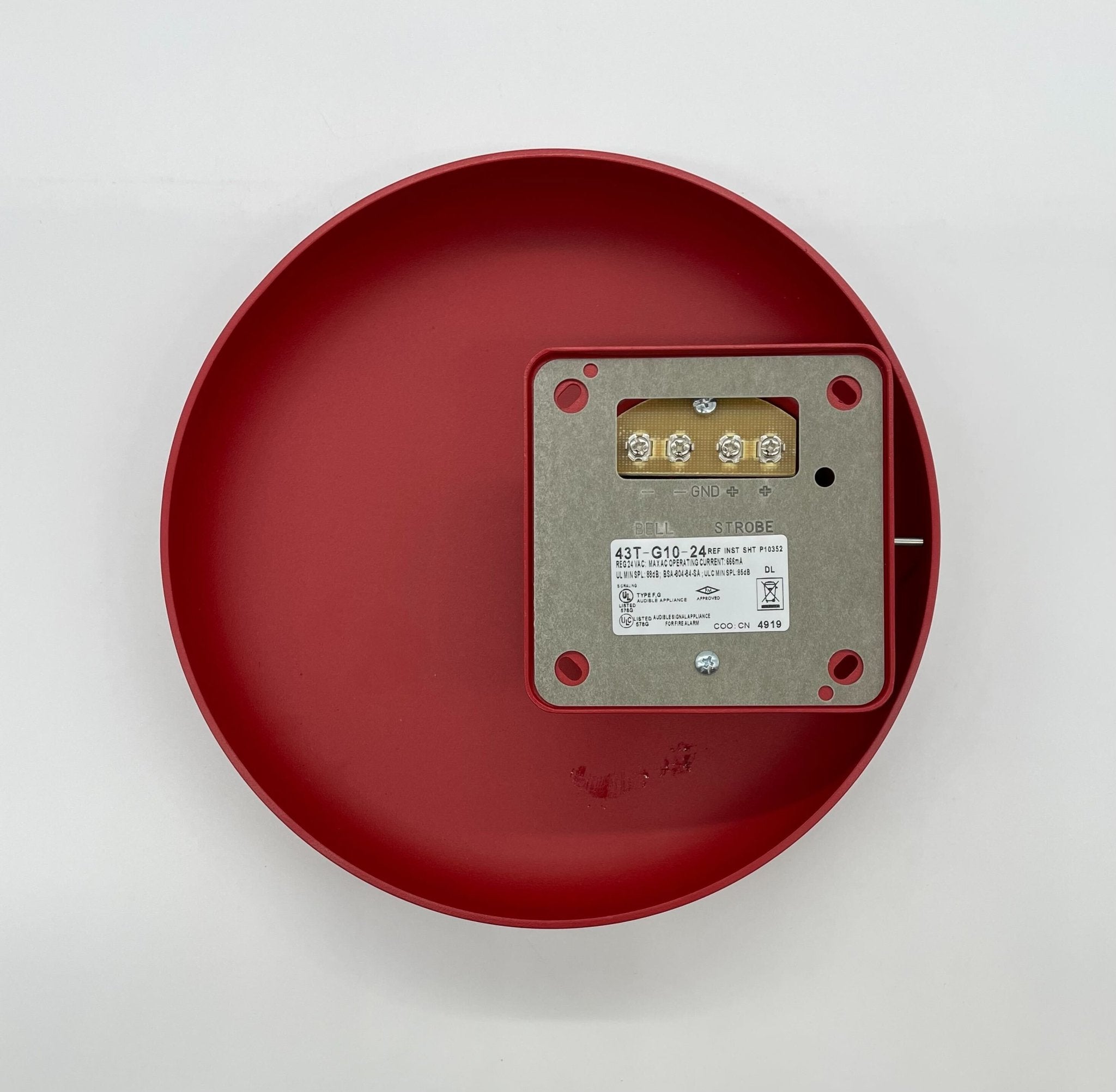 Eaton Wheelock 43T-G10-24-R bell with metal construction and mounting bracket, designed for industrial signaling systems