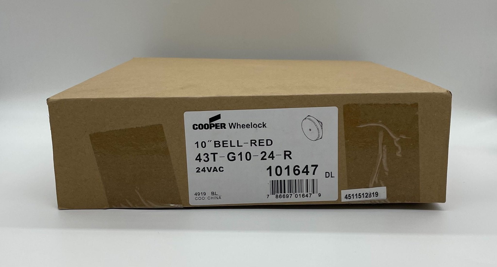 Eaton Wheelock 43T-G10-24-R bell with metal casing and mounting bracket, designed for industrial signaling applications.