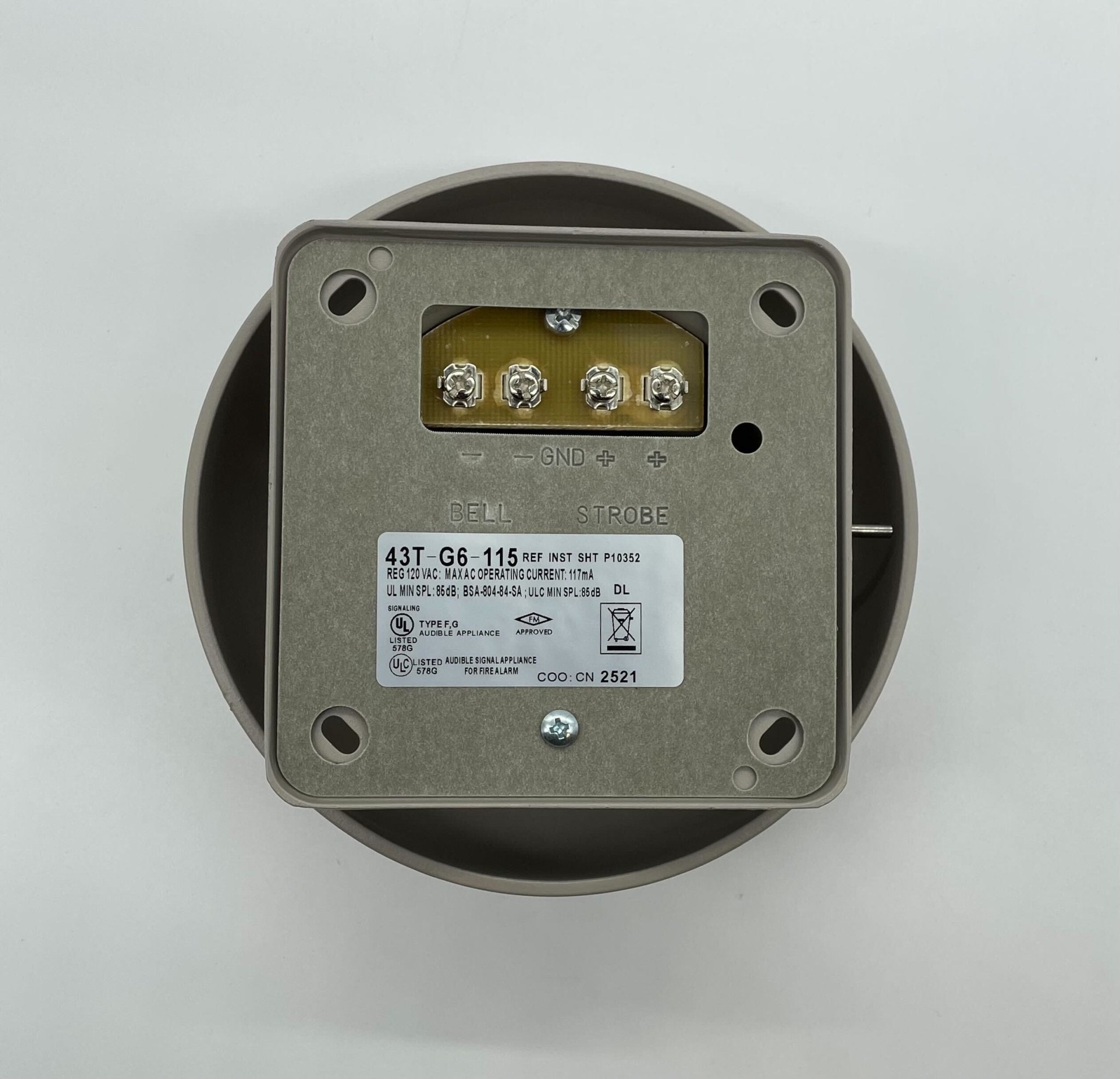 Eaton Wheelock 43T-G6-115-S bell with metal casing and mounting bracket, designed for industrial signaling and alert systems.