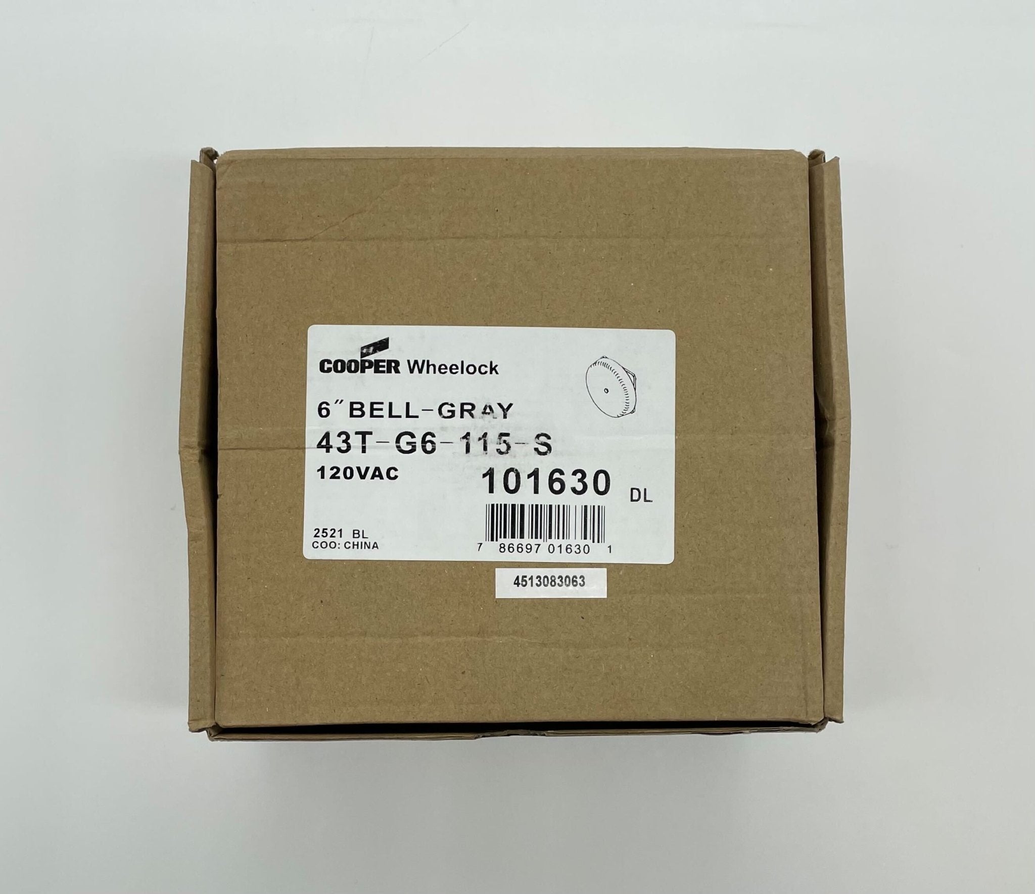 Eaton Wheelock 43T-G6-115-S bell with metal housing and mounting bracket, designed for alarm and signaling systems.