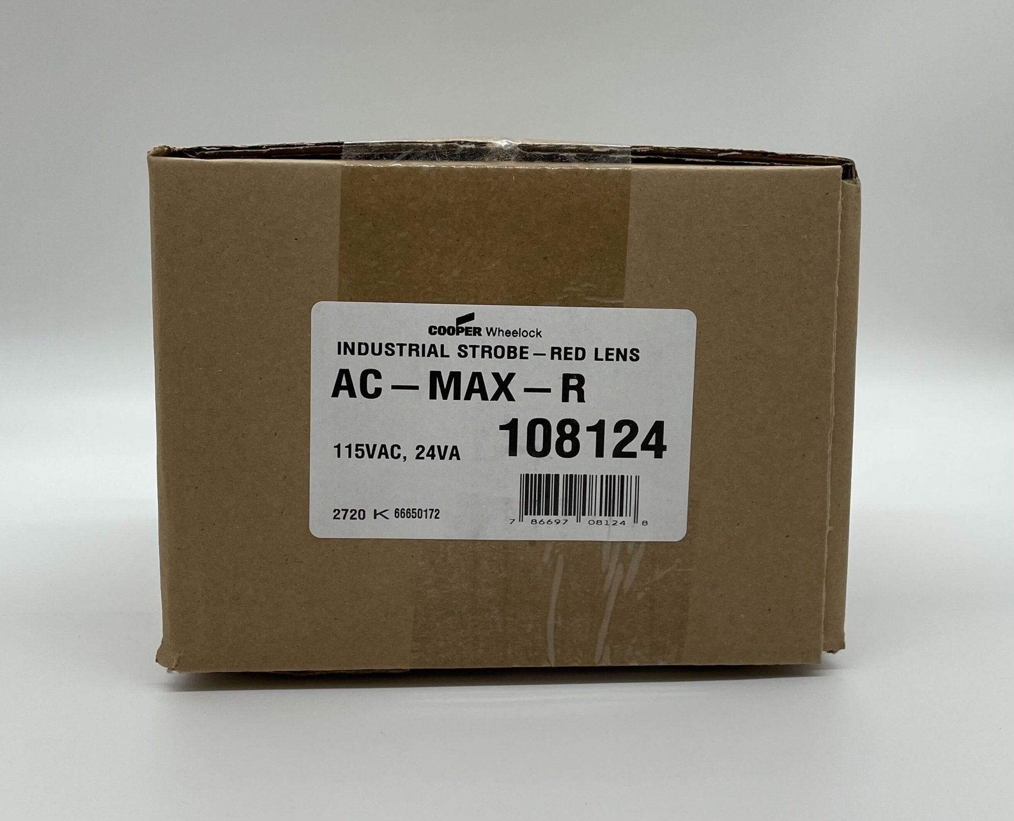 Eaton Wheelock AC-MAX-R fire alarm with red alert button and wiring, designed for fire detection and safety systems.