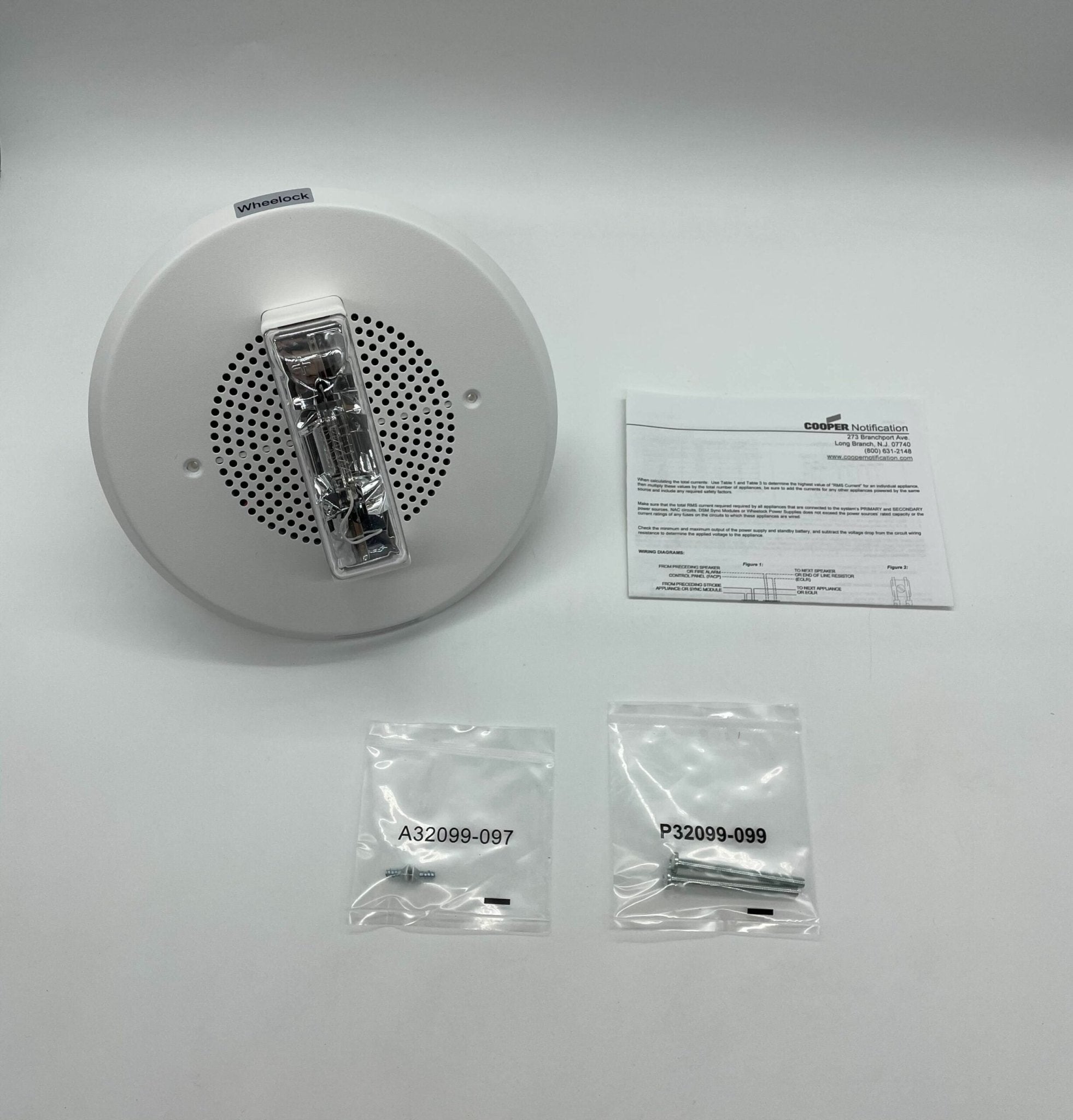 Eaton Wheelock E90-24MCCH-FW speaker strobe with white housing and adjustable mounting bracket, designed for emergency notification.