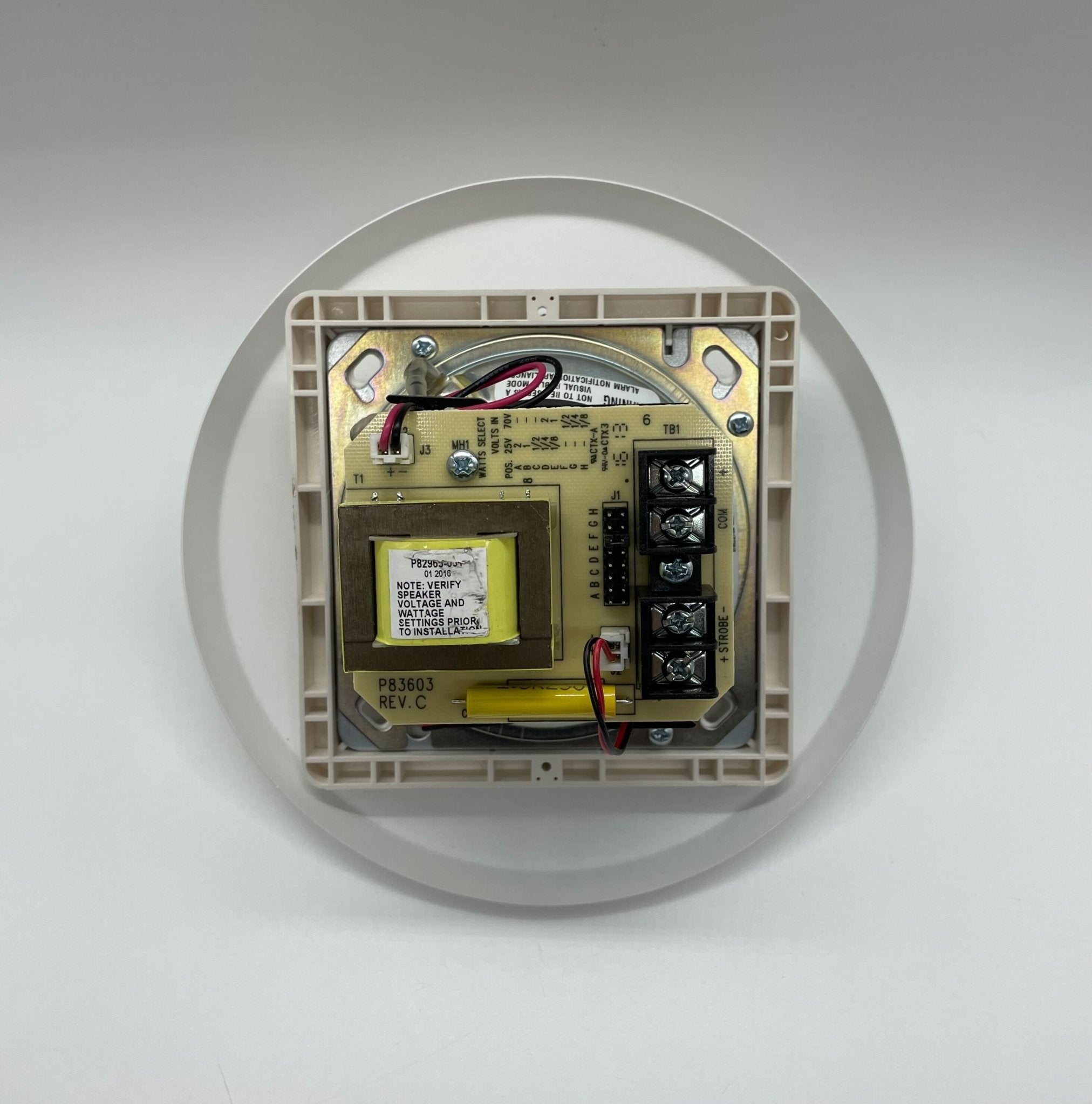 Eaton Wheelock E90A-24MCC-ALW speaker strobe light mounted on a wall for fire alarm signaling.