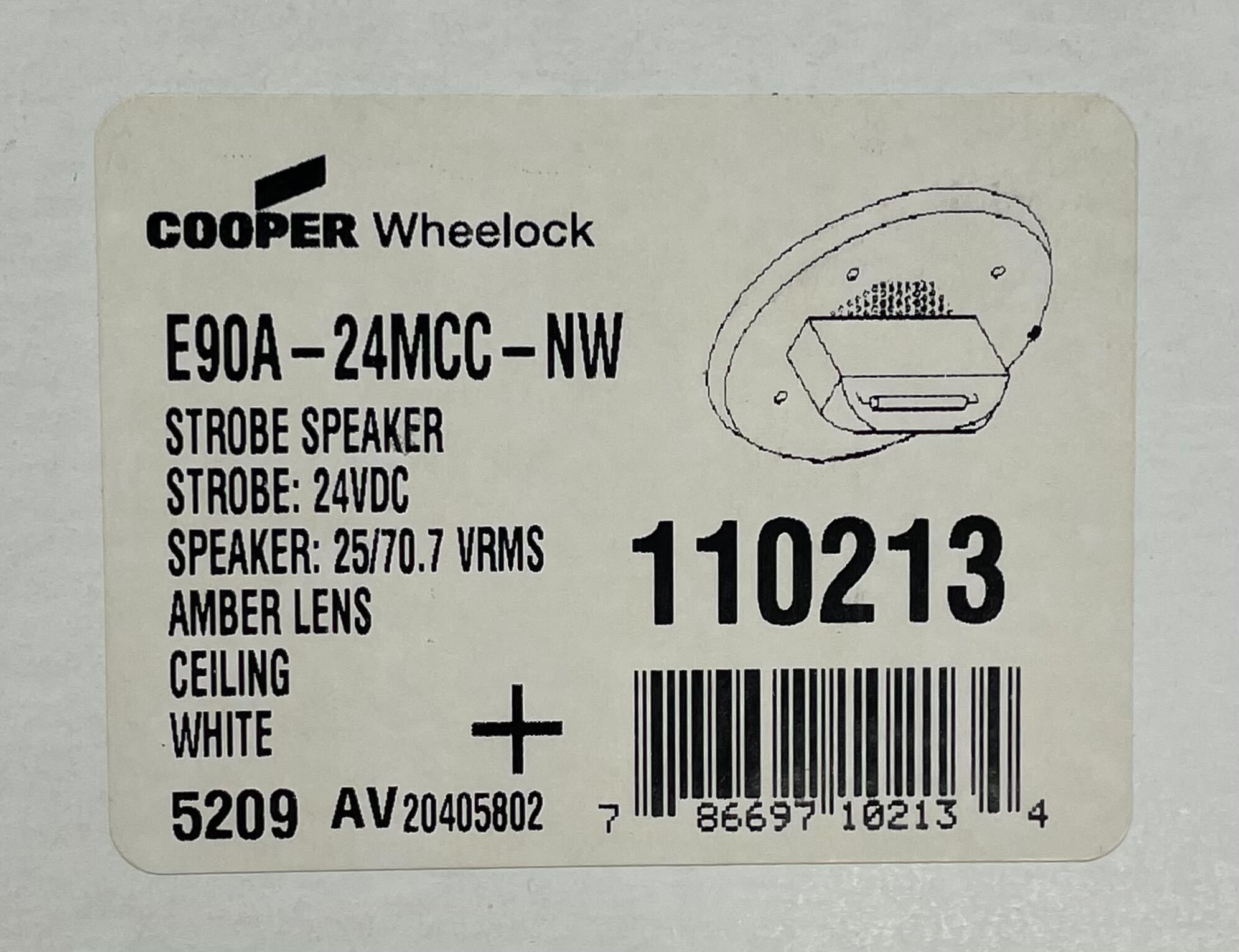 Eaton Wheelock E90A-24MCC-NW speaker strobe with white housing and black speaker grille, designed for fire alarm notification.
