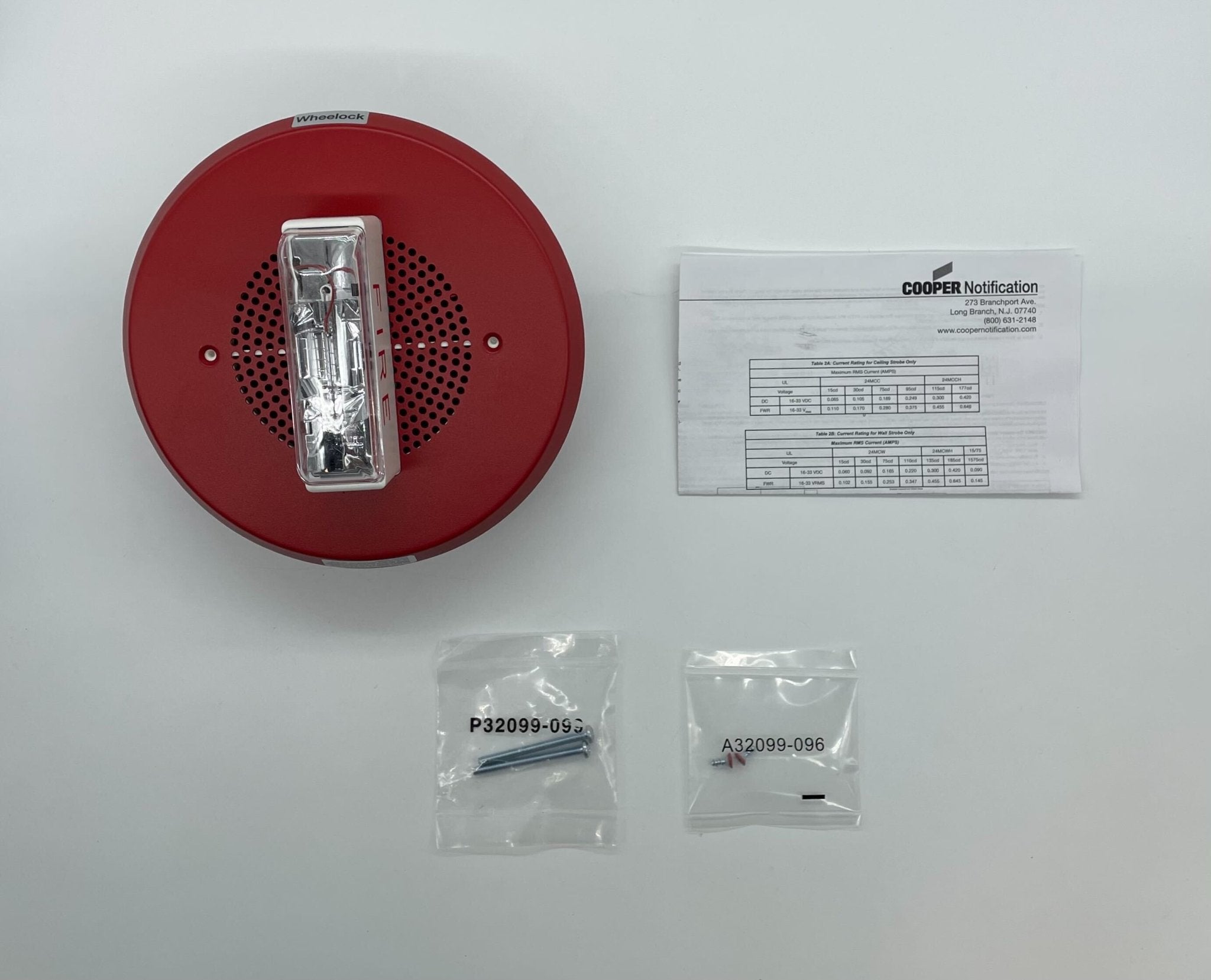 Eaton Wheelock E90H-24MCC-FR speaker strobe with red housing and mounting bracket, designed for fire alarm notification systems.