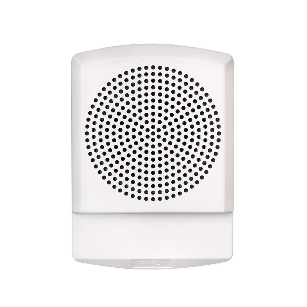 Eaton Wheelock ELFHNW sounder mounted on a wall, showing its compact design and wiring connections for emergency notification systems.
