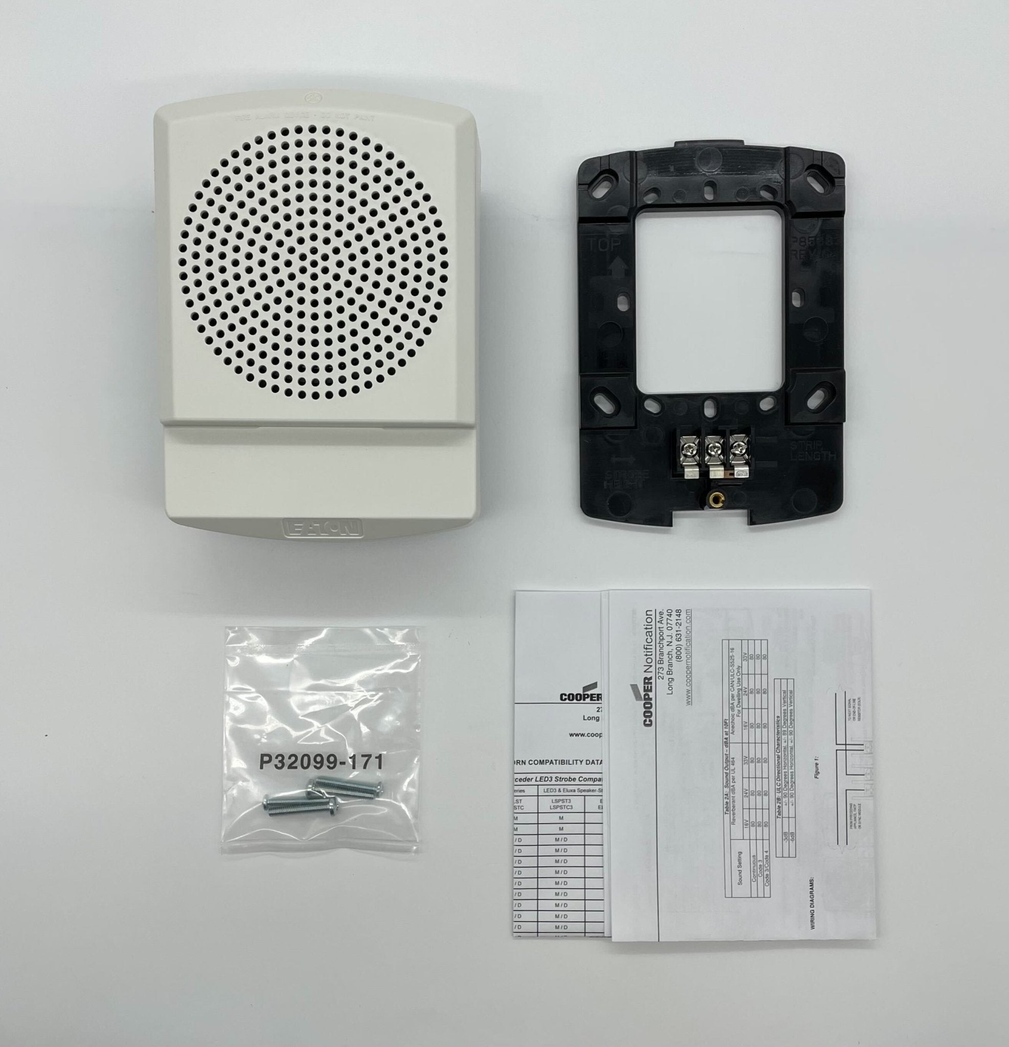 Eaton Wheelock ELFHNW-N horn strobe alarm with black housing and mounting bracket, designed for fire and security systems.