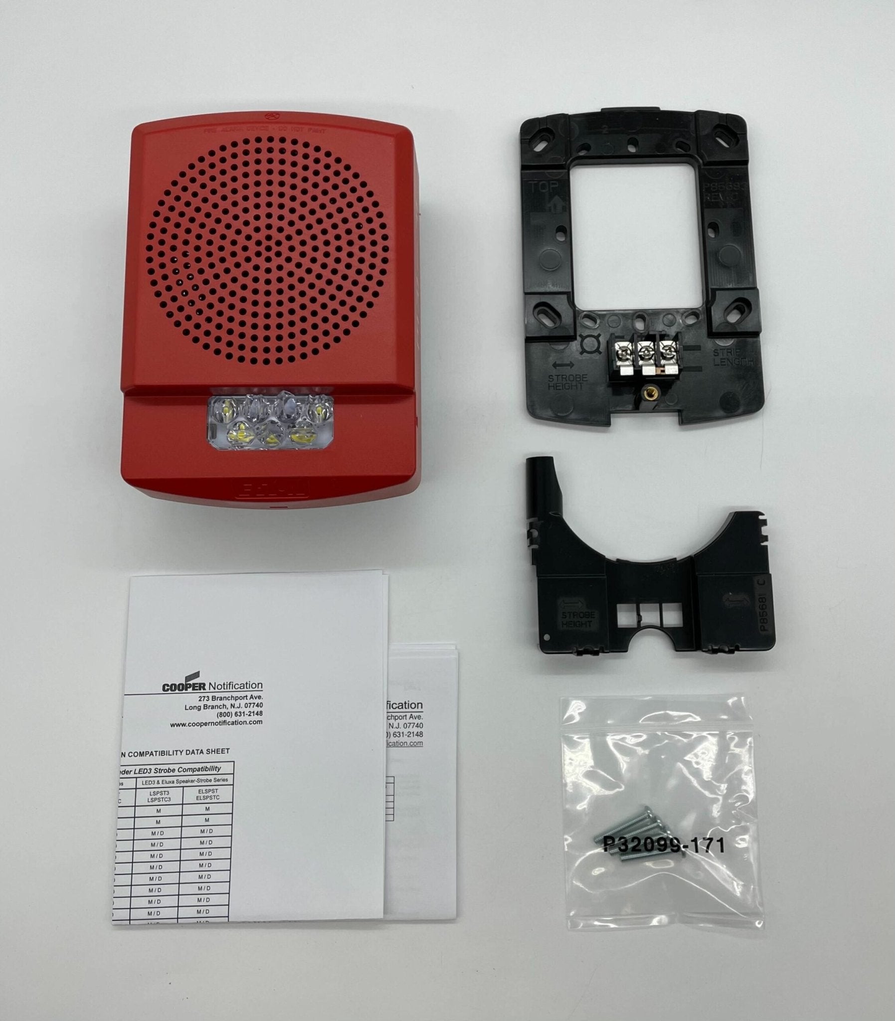 Eaton Wheelock ELFHSR emergency horn strobe with red housing and mounting bracket for alarm systems.