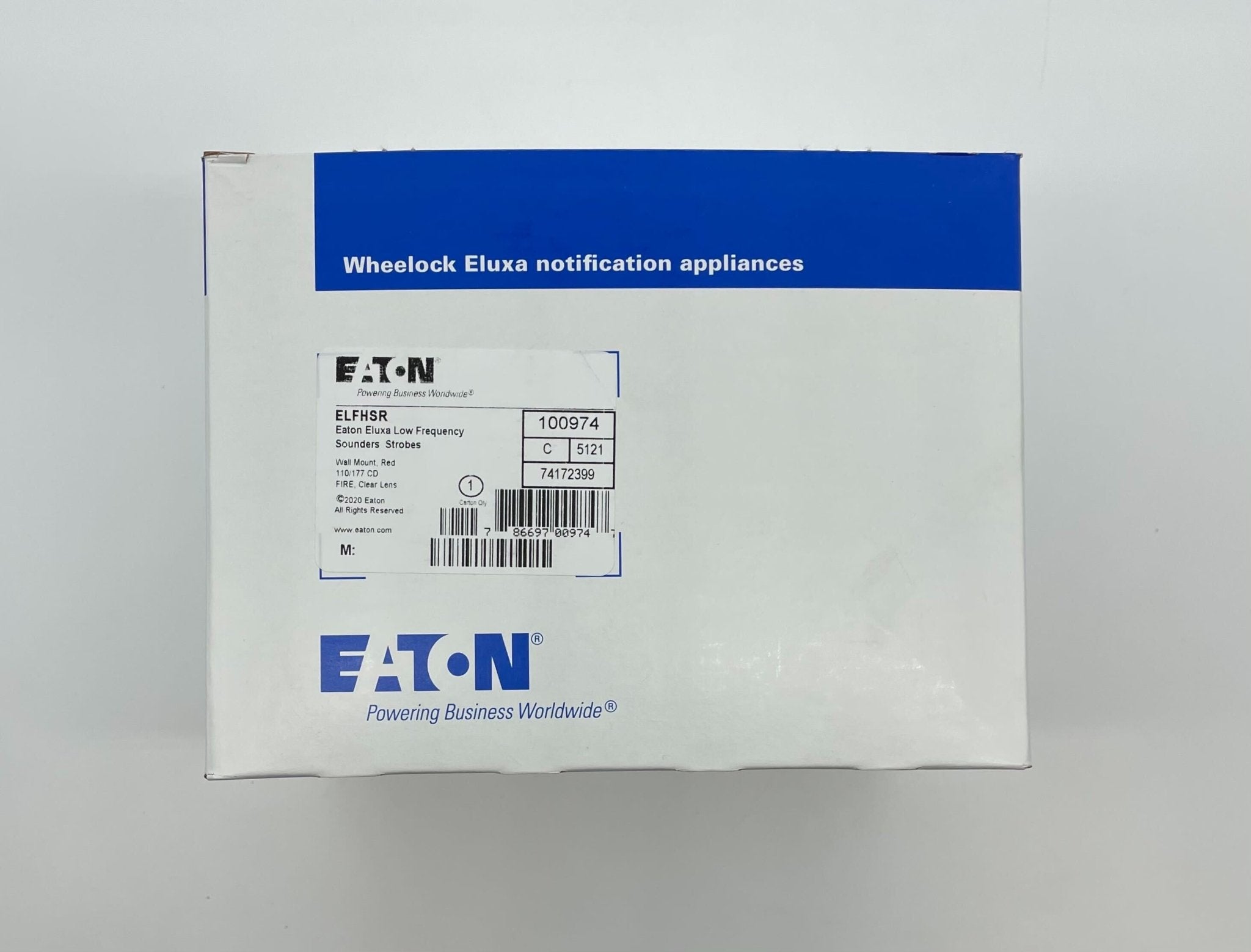 Eaton Wheelock ELFHSR emergency warning light with red lens and mounting bracket on a white background