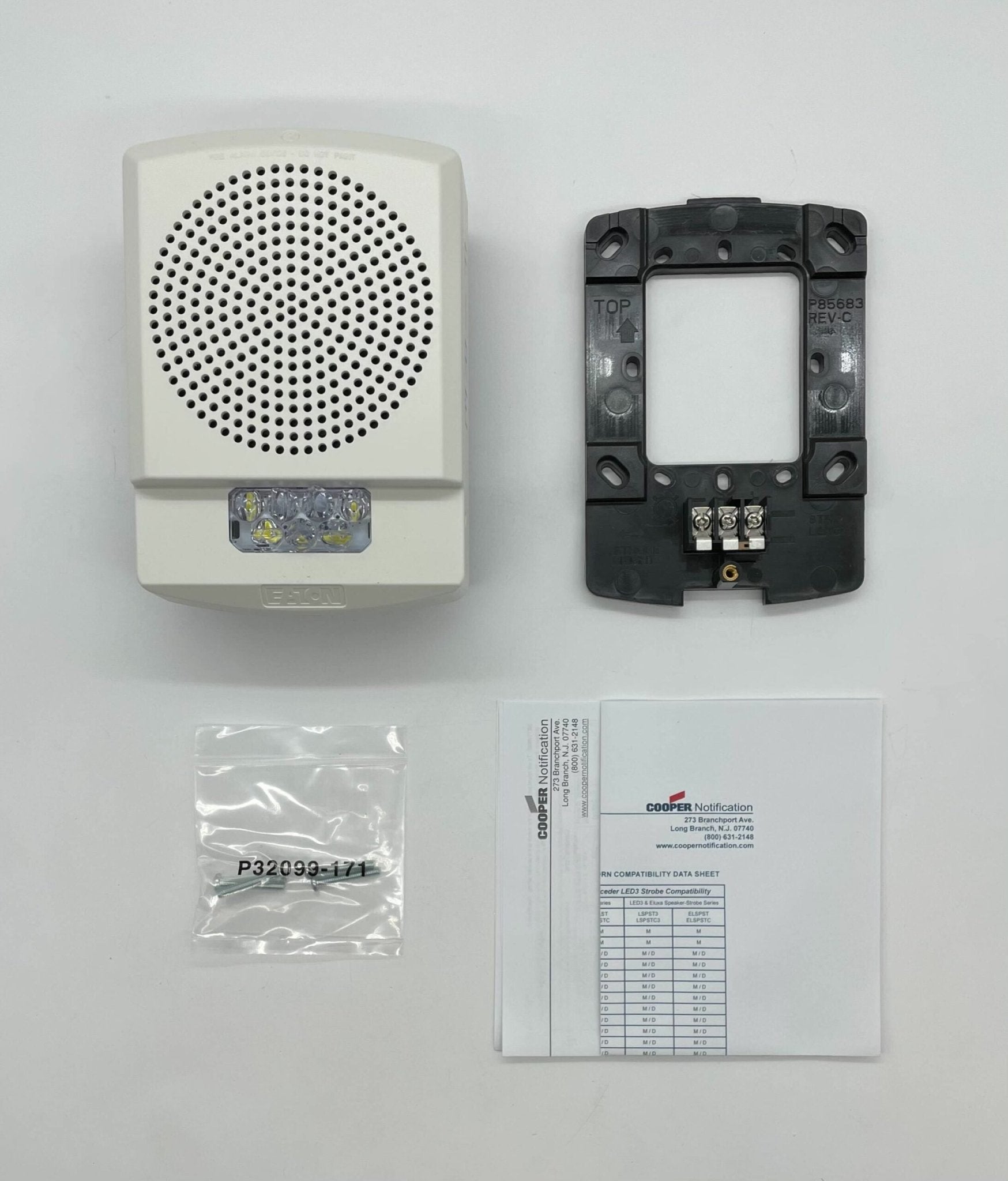 Eaton Wheelock ELFHSW horn strobe alarm device with white housing and mounting bracket on a white background