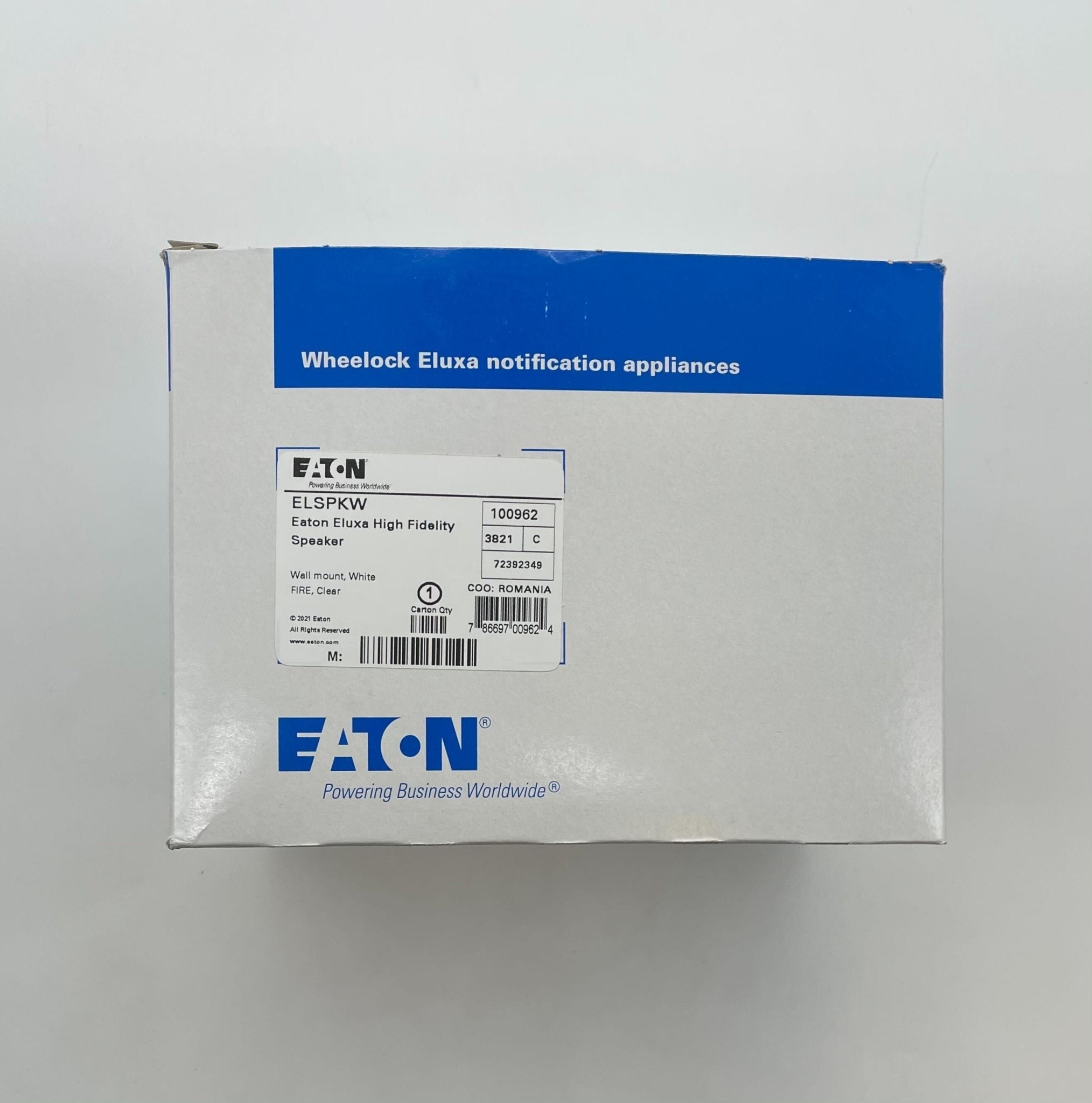 Eaton Wheelock ELSPKW emergency alarm strobe light with clear lens and mounting bracket for safety signaling.