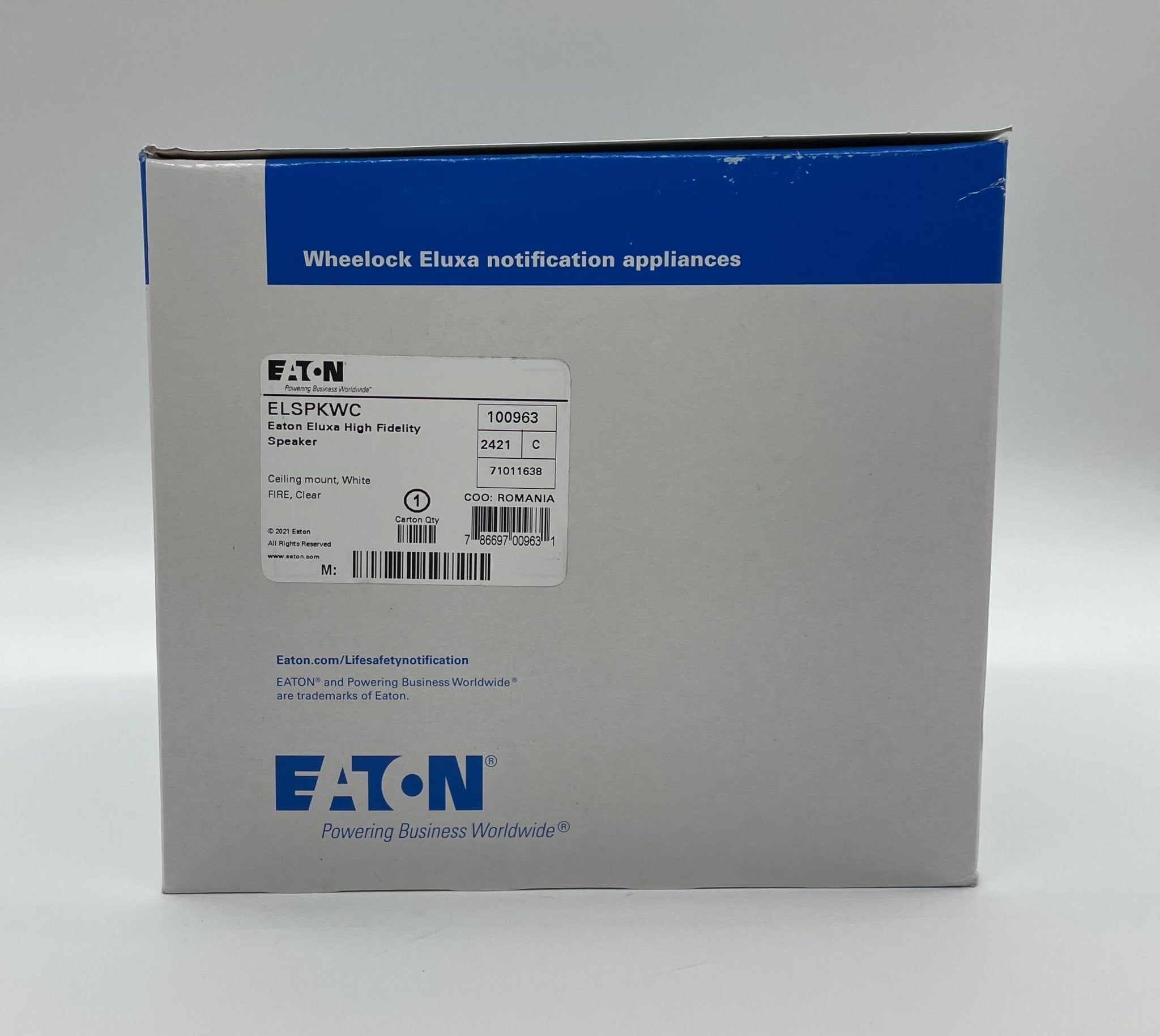 Eaton Wheelock ELSPKWC speaker with black grille and mounting bracket, designed for professional audio applications.
