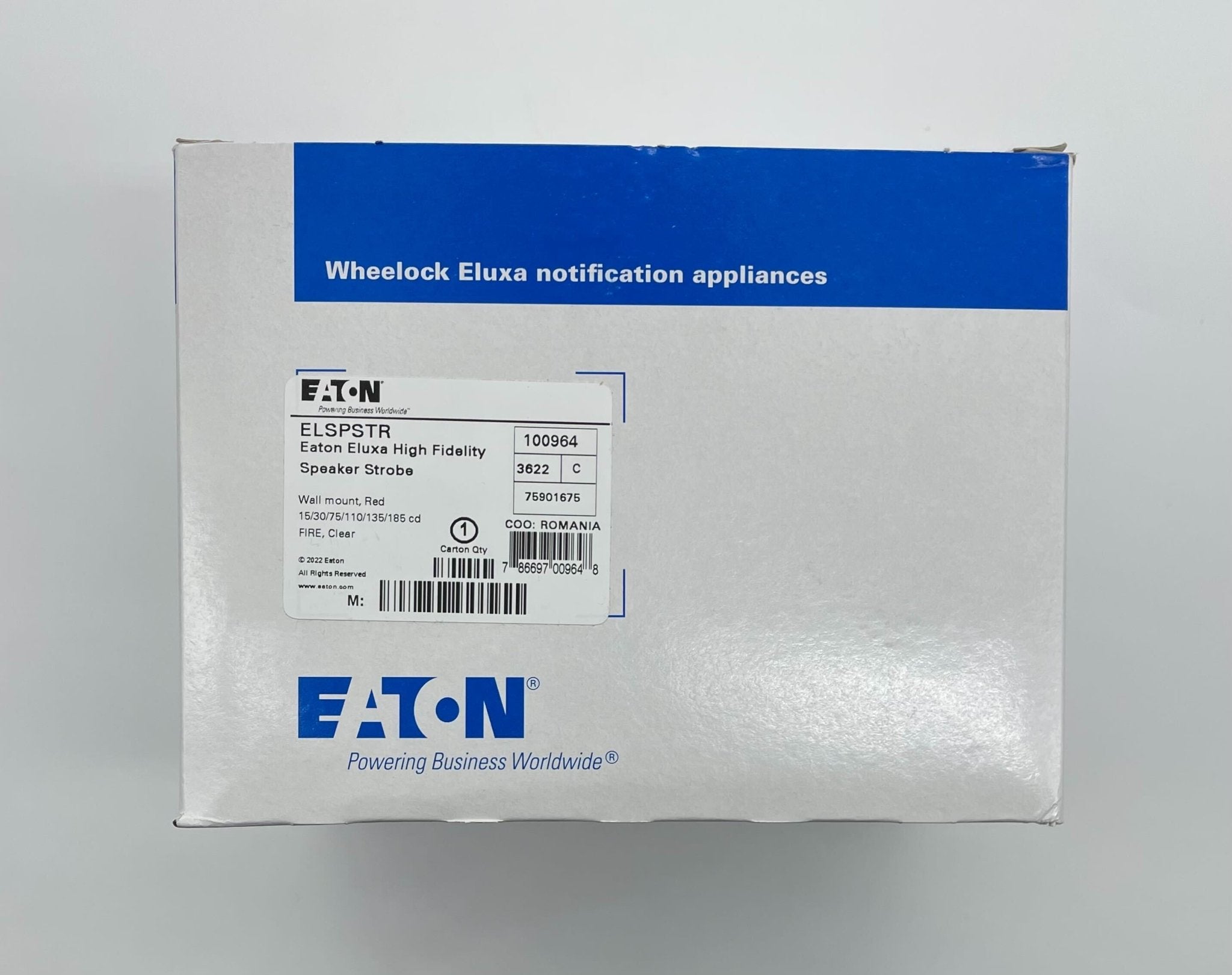 Eaton Wheelock ELSPSTR speaker strobe light with clear lens and mounting bracket for emergency notification systems.