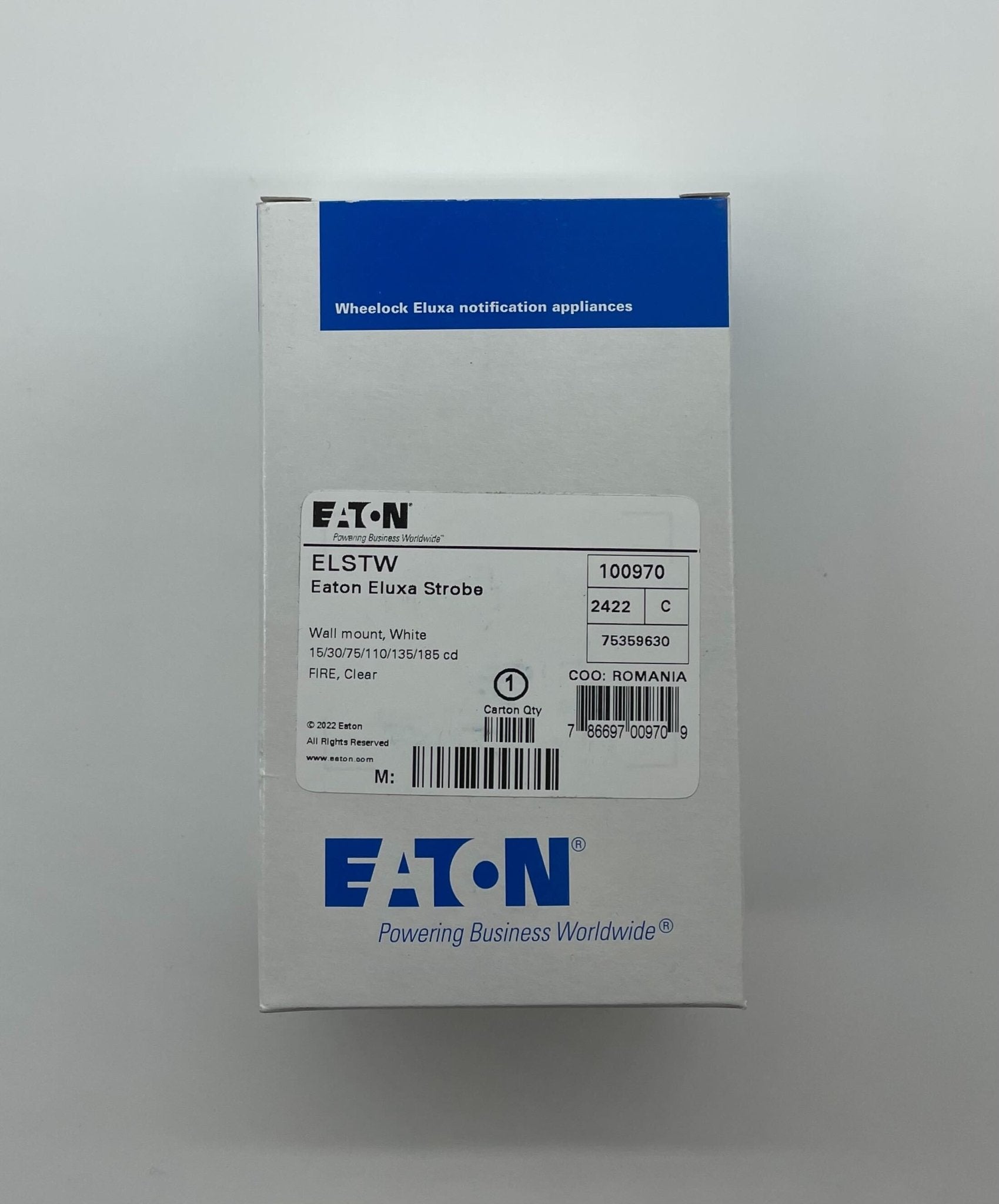 Eaton Wheelock ELSTW strobe light with clear lens and mounting bracket, designed for visual signaling and alert applications.
