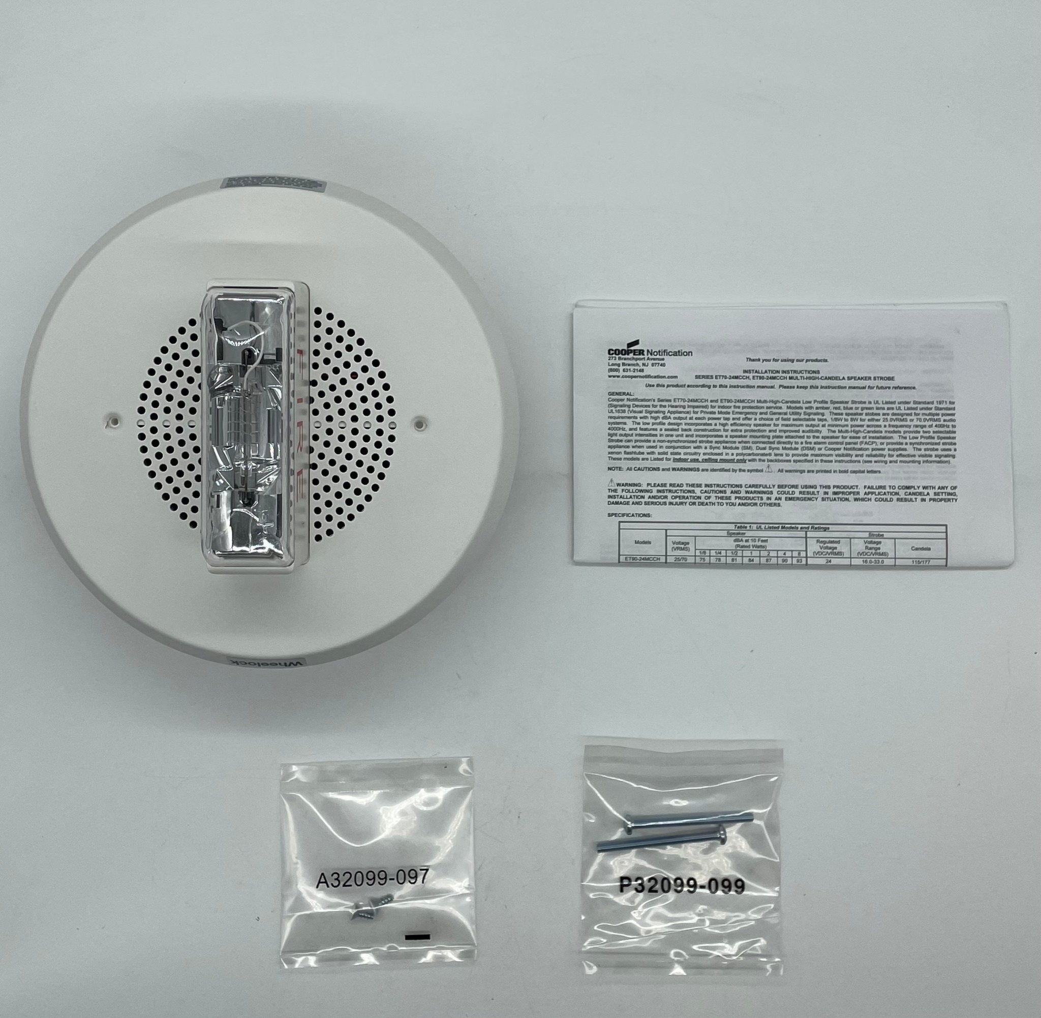 Eaton Wheelock ET90-24MCCH-FW speaker strobe with red housing and mounting hardware for emergency warning systems.
