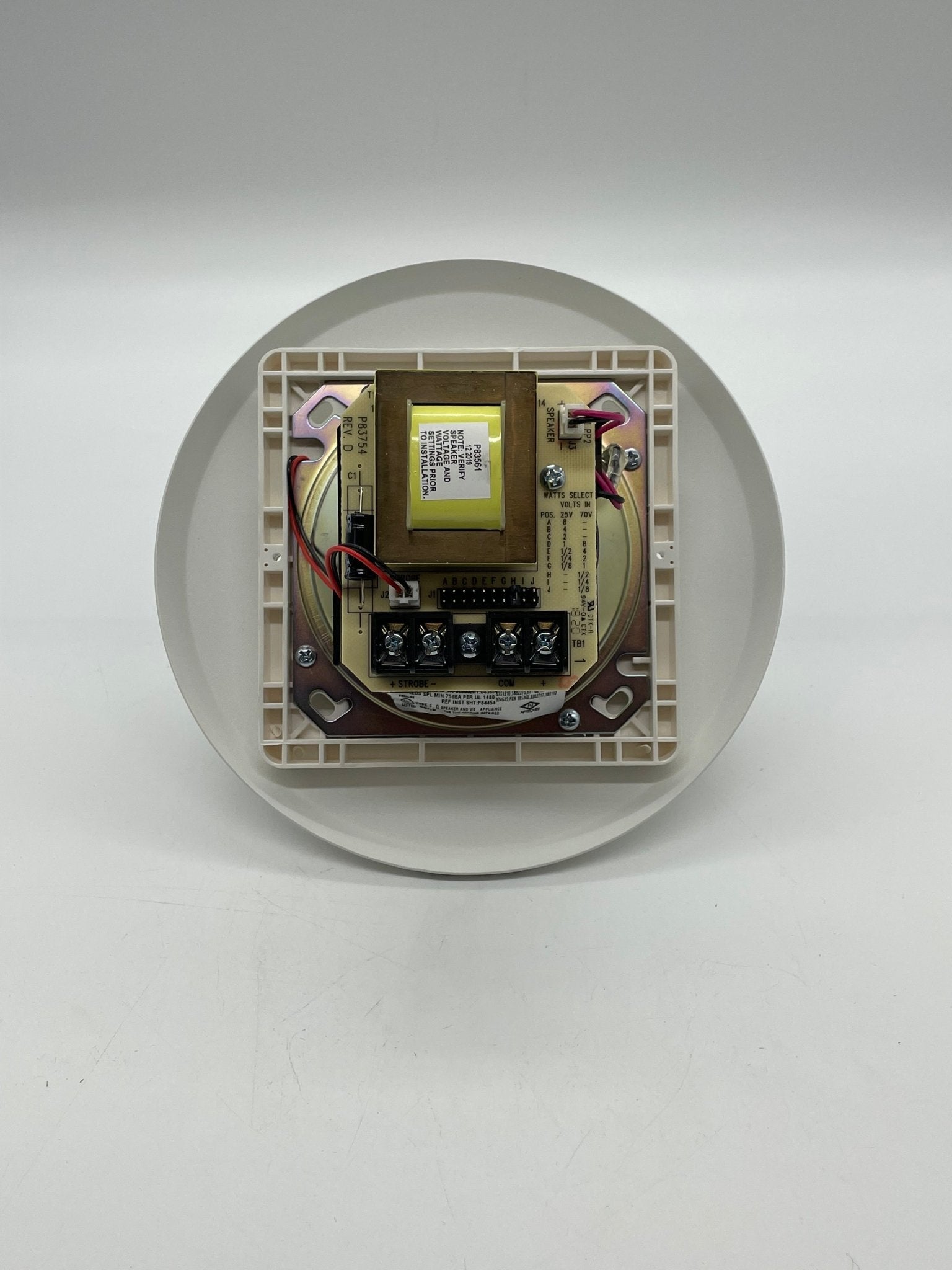 Eaton Wheelock ET90-24MCCH-FW speaker strobe with red flashing light and speaker grille for alarm signaling system.